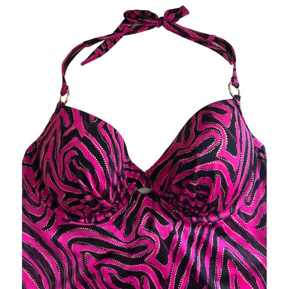 Ambrielle Halter Style, Black, Pink With Gold Glitter Tankini Swimsuit Top, 38C - Picture 2 of 8